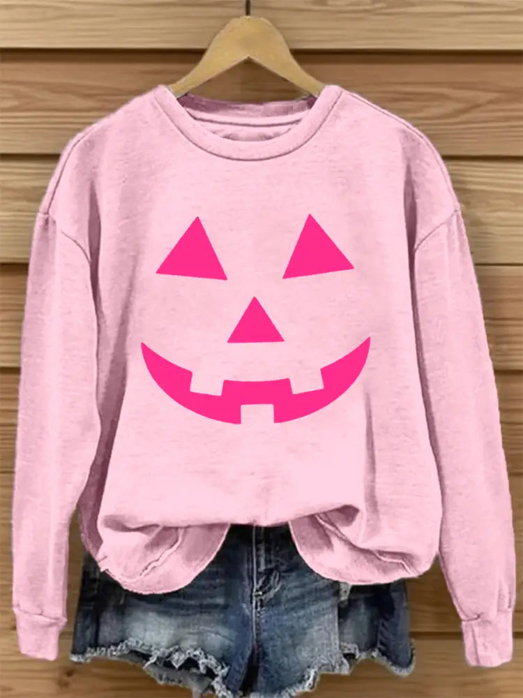 Sweatshirt Femme Rose Visage Citrouille Imprimé Rose / S