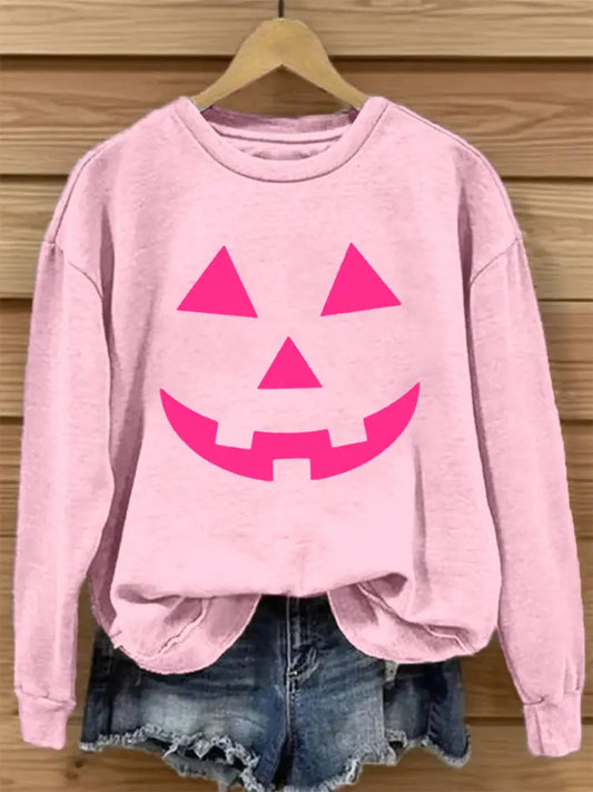 Sweatshirt Femme Rose Visage Citrouille Imprimé Rose / S