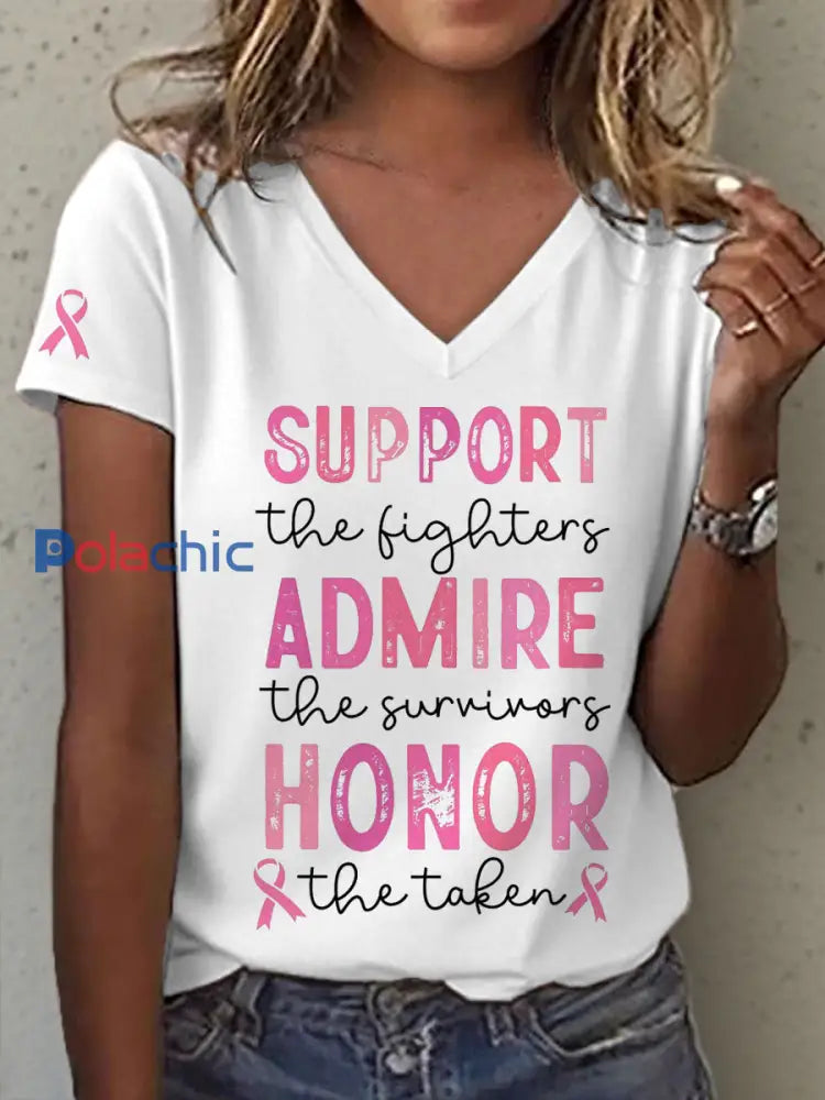 T-shirt à col en V imprimé pour femmes Blanc / S