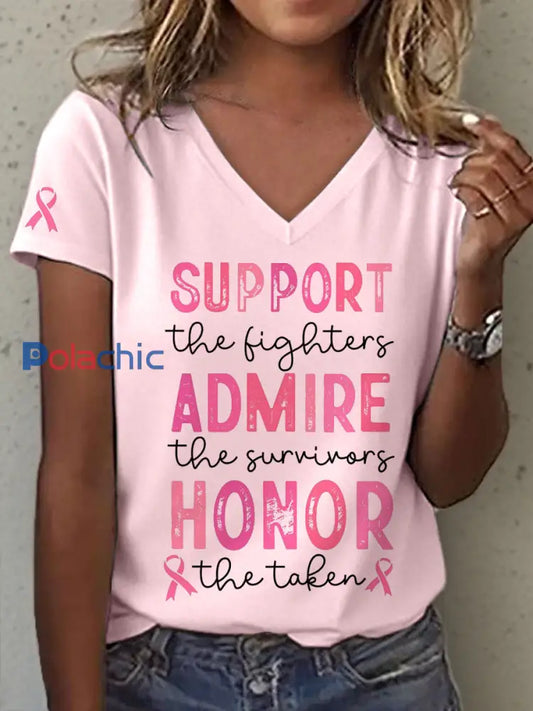 T-shirt à col en V imprimé pour femmes Rose / S
