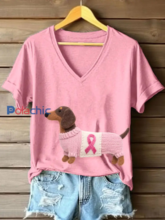 T shirt à col en V à motif de teckel pour femmes Rose / S