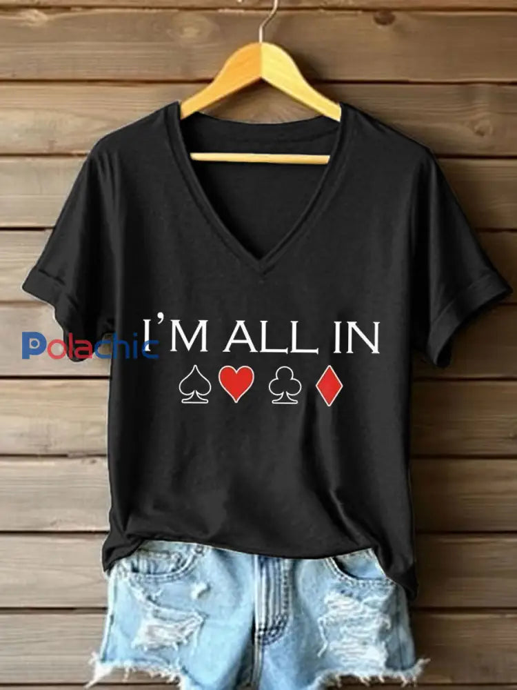 T-shirt à col en V Poker Cards Art Print pour femmes Noir / S