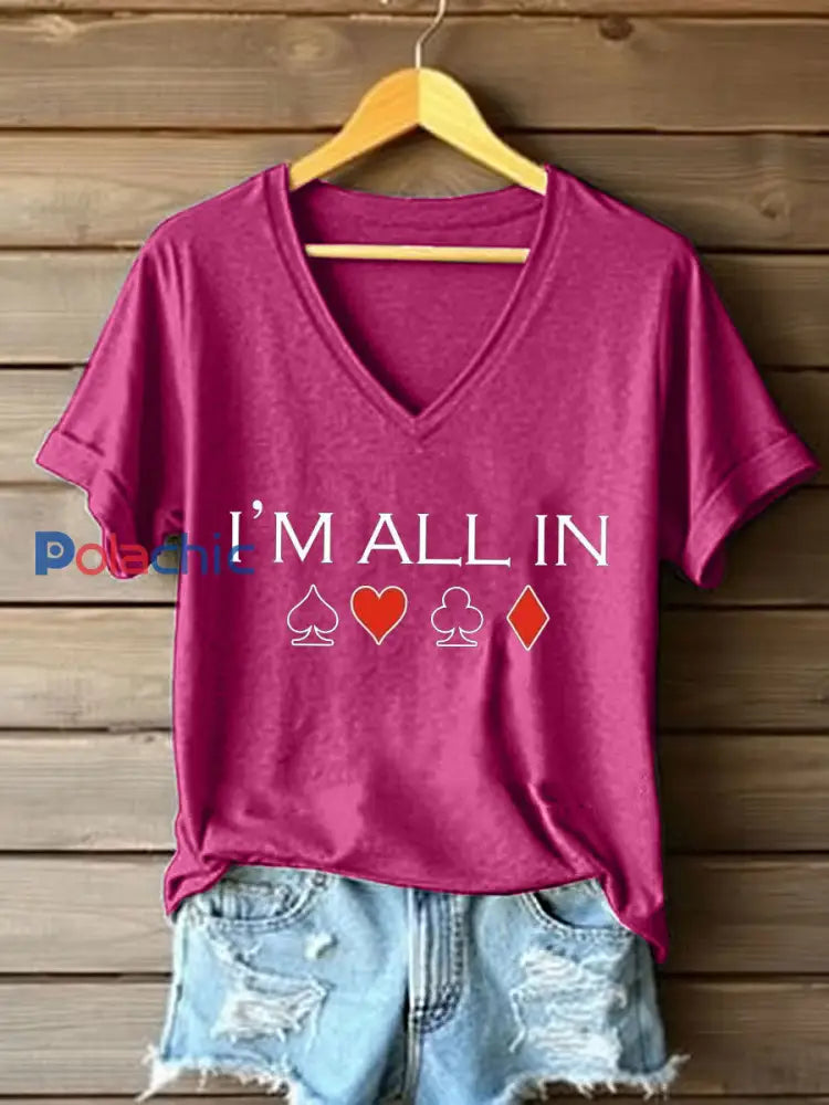 T-shirt à col en V Poker Cards Art Print pour femmes Rose Rouge / S