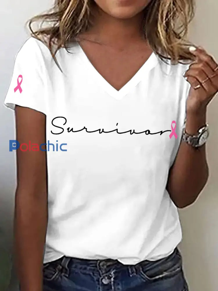 T-shirt à col en V pour femmes Survivant du cancer du sein Blanc / S