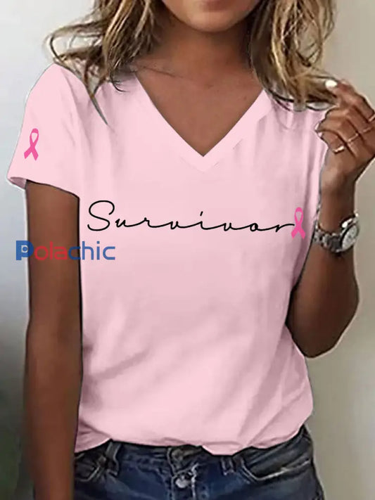 T-shirt à col en V pour femmes Survivant du cancer du sein Rose / S