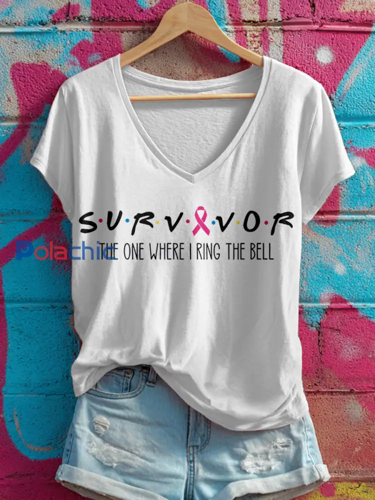 T-shirt à col en V Survivor The One When I Ring The Bell pour femme Blanc / S