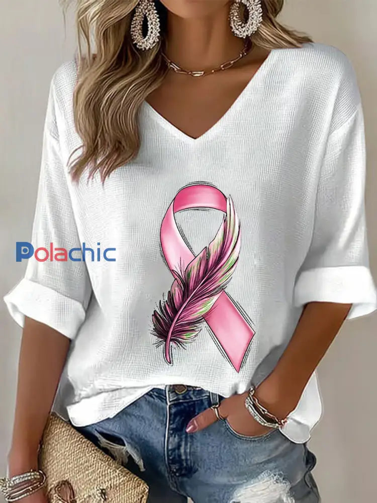 T shirt à gaufres ruban rose pour femmes sensibilisation au cancer du sein Blanc / S