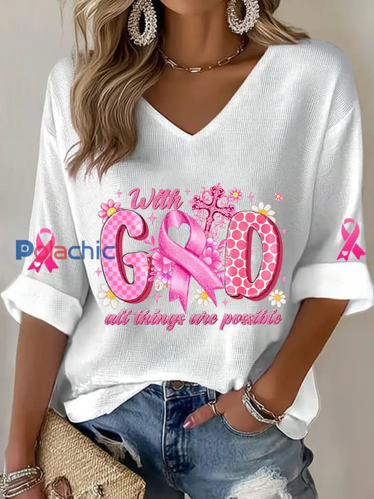 T shirt à gaufres ruban rose pour femmes sensibilisation au cancer du sein Blanc / S