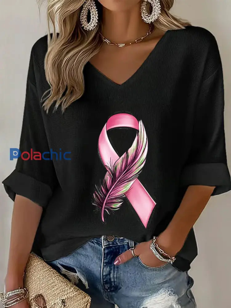 T shirt à gaufres ruban rose pour femmes sensibilisation au cancer du sein Noir / S