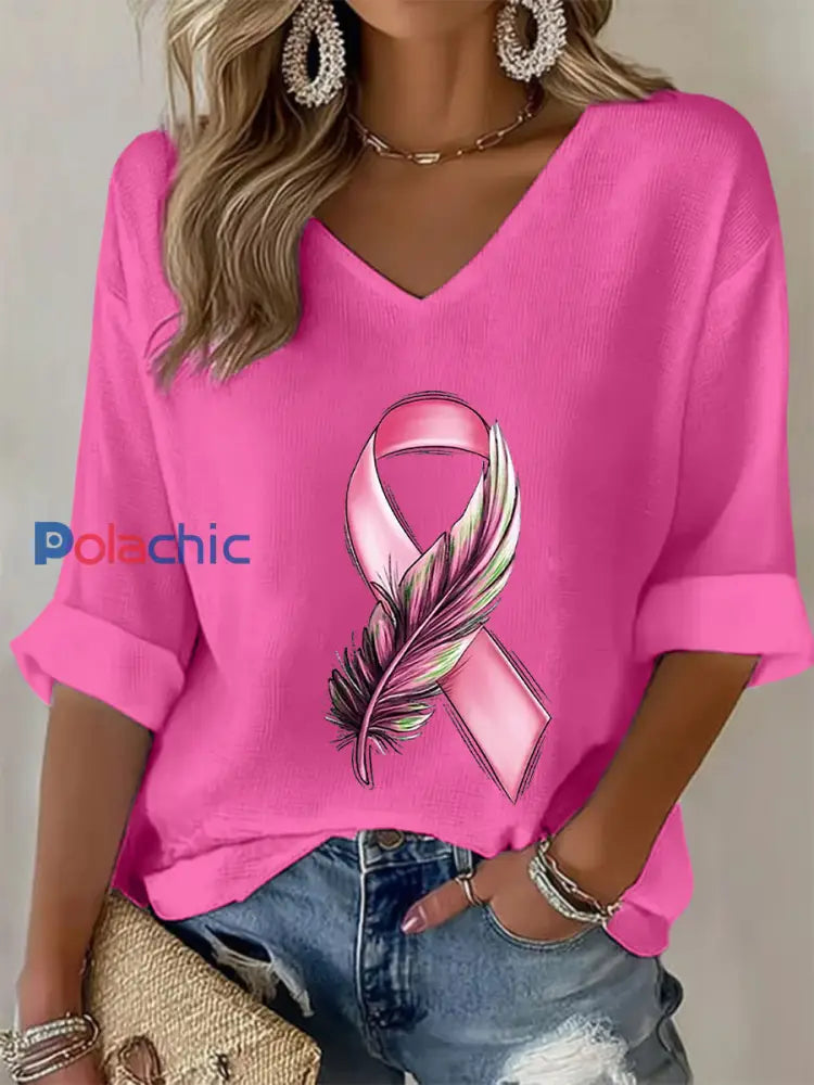 T shirt à gaufres ruban rose pour femmes sensibilisation au cancer du sein Rose Rouge / S
