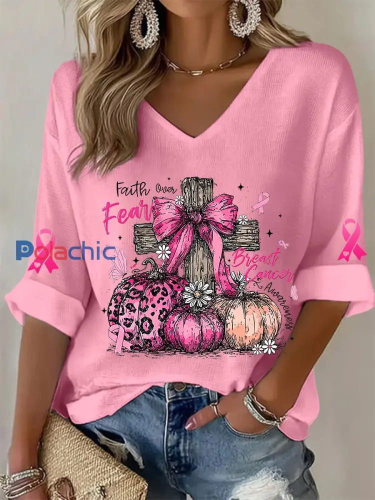 T shirt à gaufres ruban rose pour femmes sensibilisation au cancer du sein Rose / S