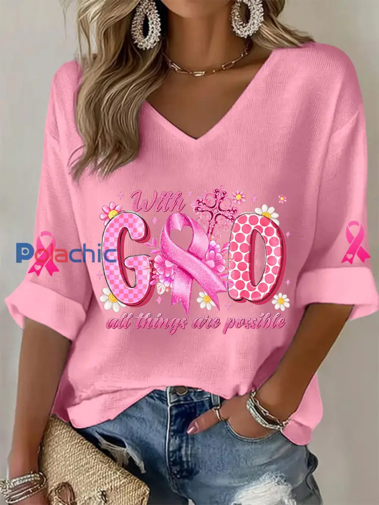 T shirt à gaufres ruban rose pour femmes sensibilisation au cancer du sein Rose / S
