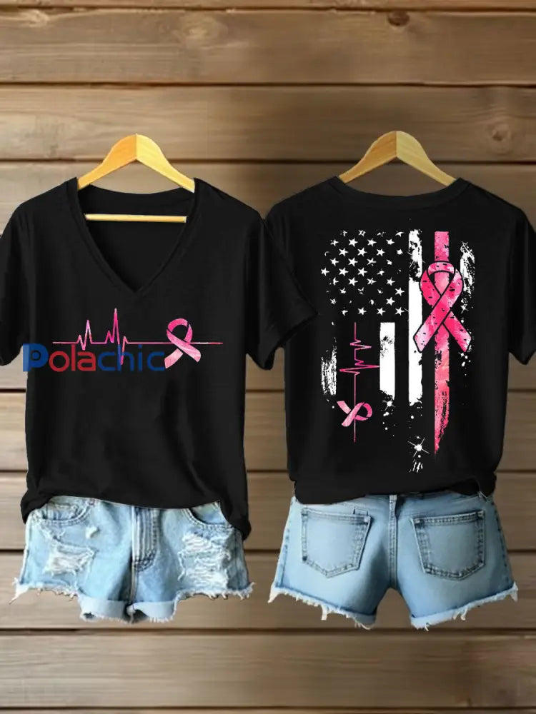 T-shirt à imprimé ruban rose pour femmes sensibilisation au cancer du sein Noir / S