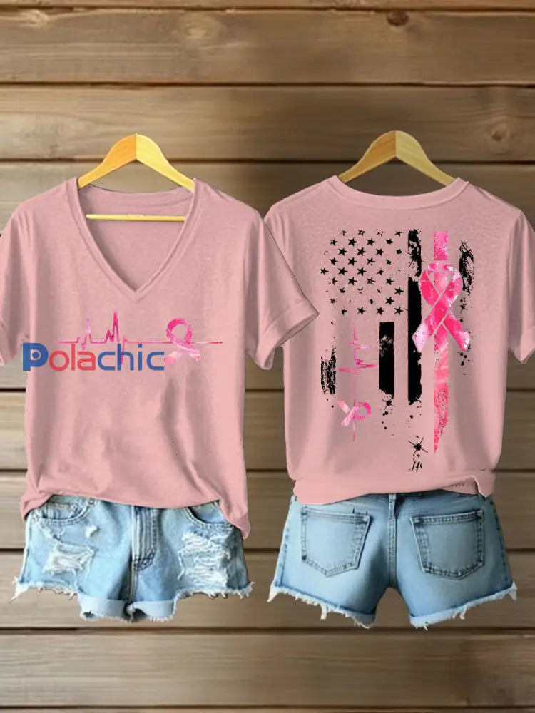 T-shirt à imprimé ruban rose pour femmes sensibilisation au cancer du sein Rose / S