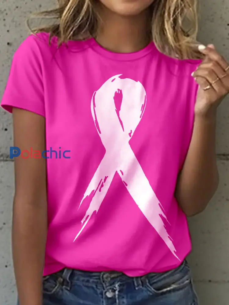 T-shirt à imprimé ruban rose pour femmes sensibilisation au cancer du sein Rose / S