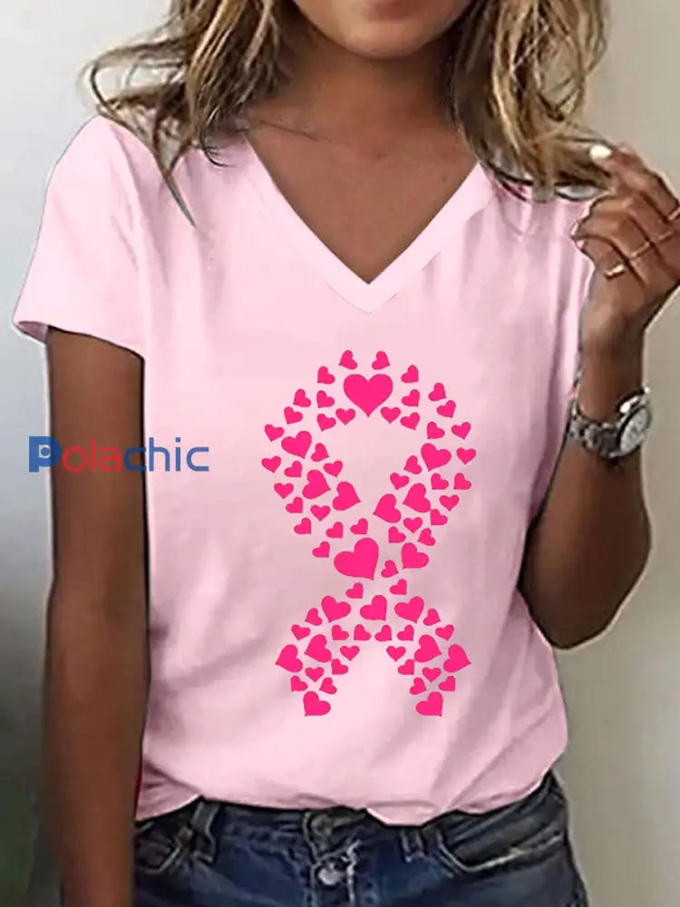 T-shirt à imprimé ruban rose pour femmes sensibilisation au cancer du sein Rose / S