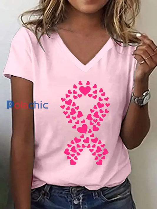 T-shirt à imprimé ruban rose pour femmes sensibilisation au cancer du sein Rose / S
