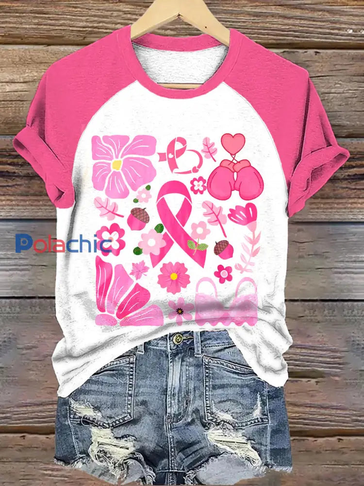 T-shirt à imprimé ruban rose pour femmes sensibilisation au cancer du sein Rose / S
