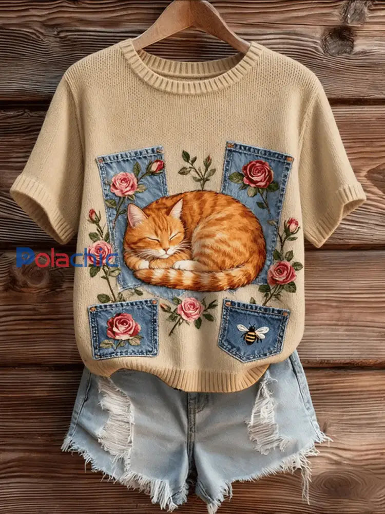 T-shirt à manches courtes Cut Cat Femme Kaki / S