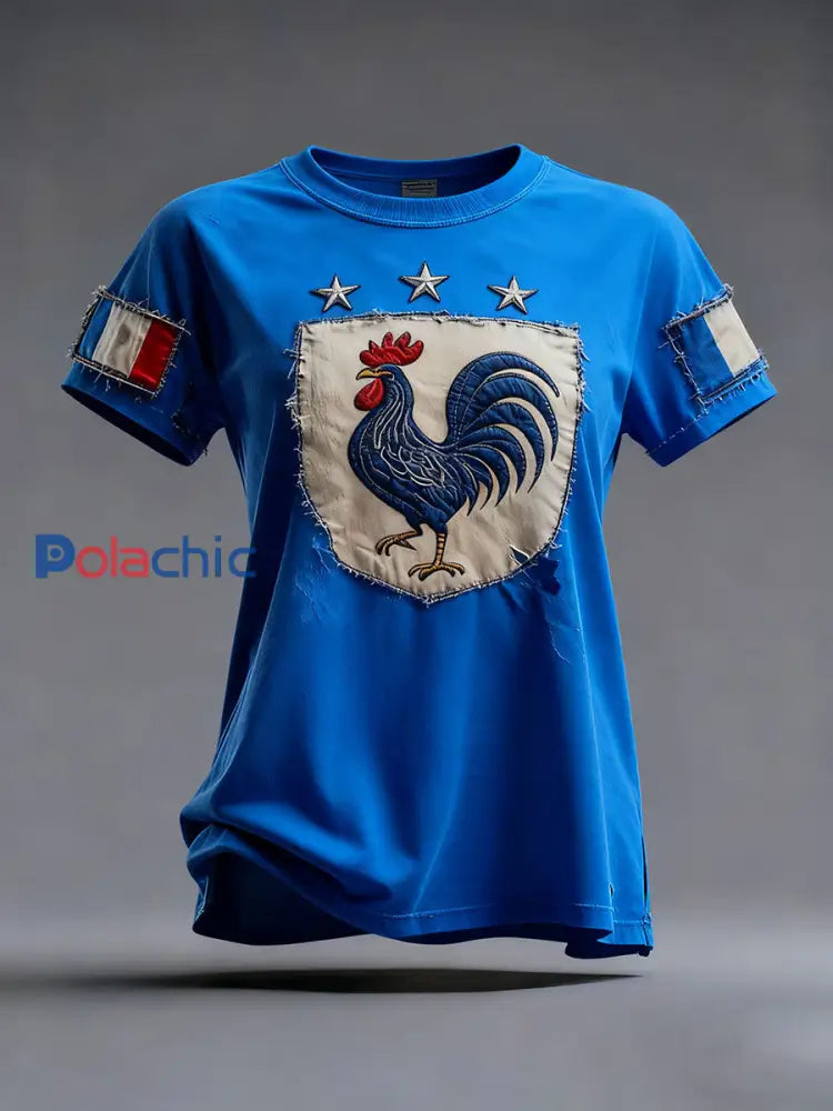 T-shirt à manches courtes Drapeau Français Le Coq Gaulois pour femme Bleu / S