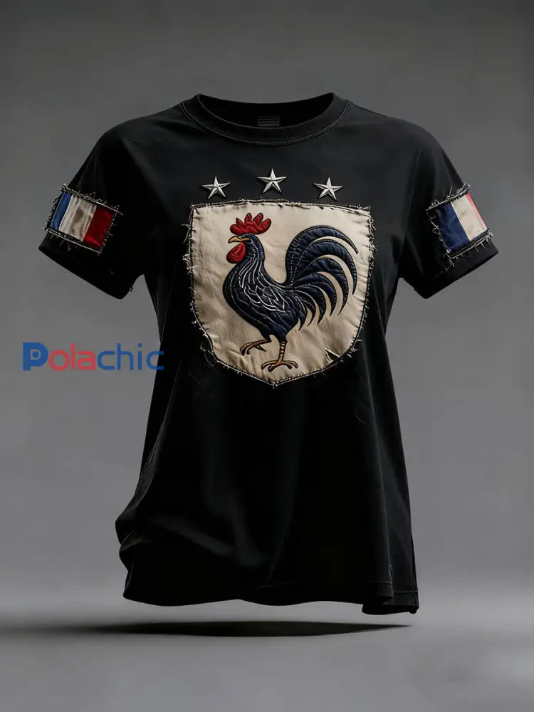 T-shirt à manches courtes Drapeau Français Le Coq Gaulois pour femme Noir / S