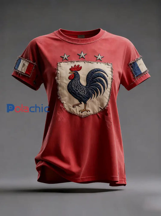T-shirt à manches courtes Drapeau Français Le Coq Gaulois pour femme Rouge / S