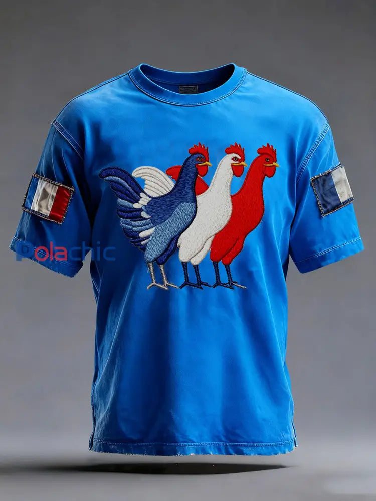 T-shirt à manches courtes Drapeau Français Le Coq Gaulois pour homme Bleu / S