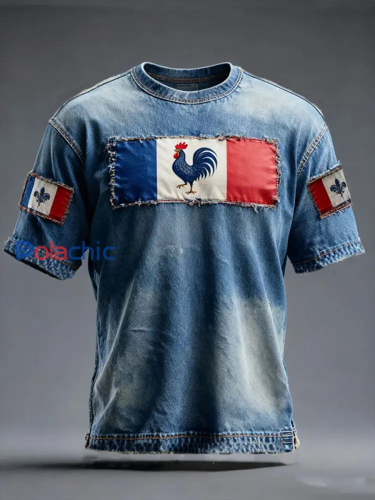 T-shirt à manches courtes Drapeau Français Le Coq Gaulois pour homme comme image / S