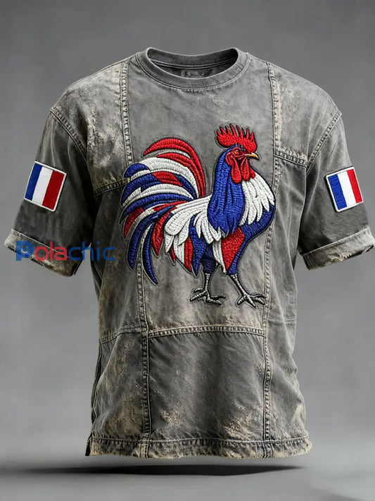 T-shirt à manches courtes Drapeau Français Le Coq Gaulois pour homme Gris / S