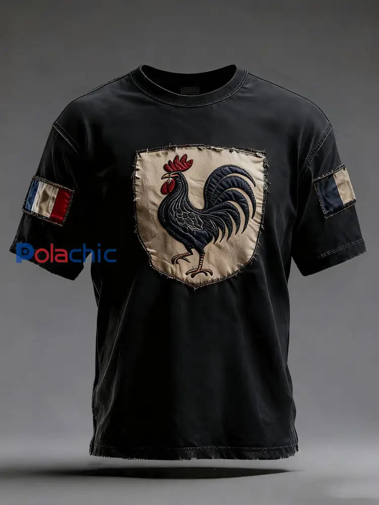 T-shirt à manches courtes Drapeau Français Le Coq Gaulois pour homme Noir / S