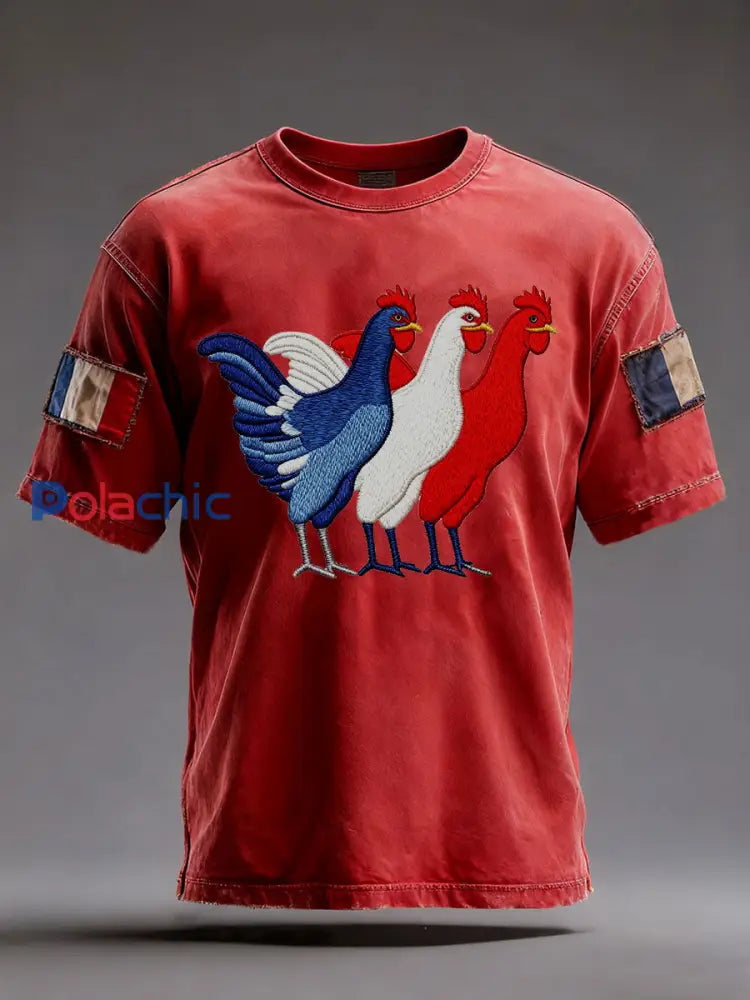 T-shirt à manches courtes Drapeau Français Le Coq Gaulois pour homme Rouge / S