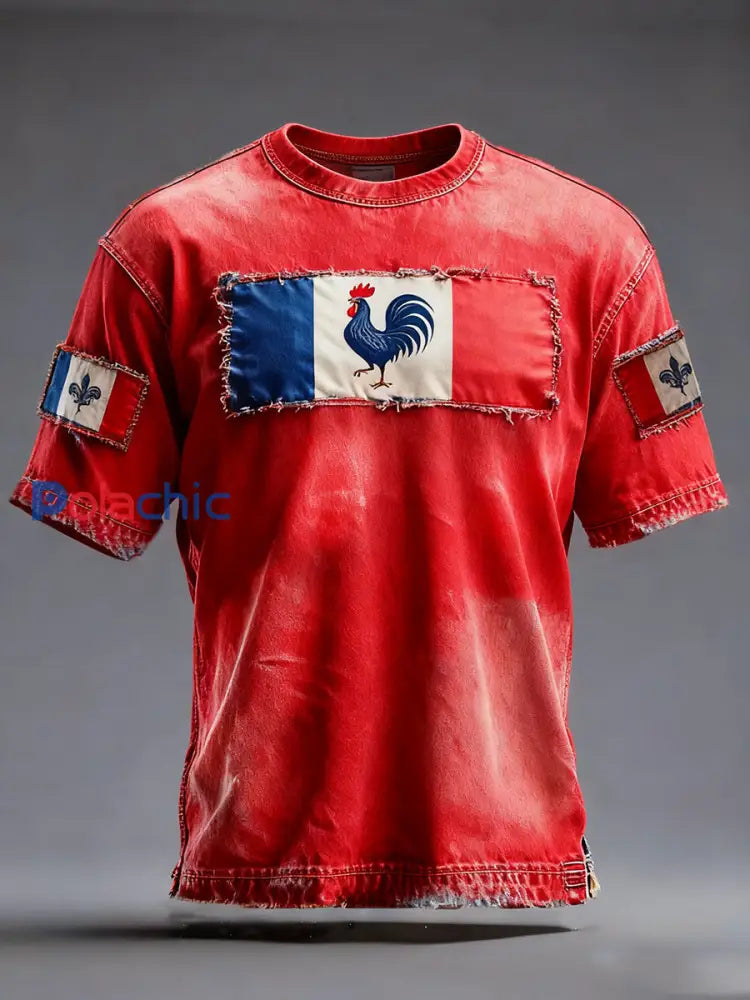 T-shirt à manches courtes Drapeau Français Le Coq Gaulois pour homme rouge / S