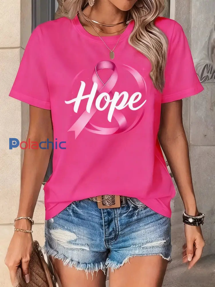 T-shirt à manches courtes en coton décontracté confortable imprimé de paillettes de cancer du sein vintage Rose / S