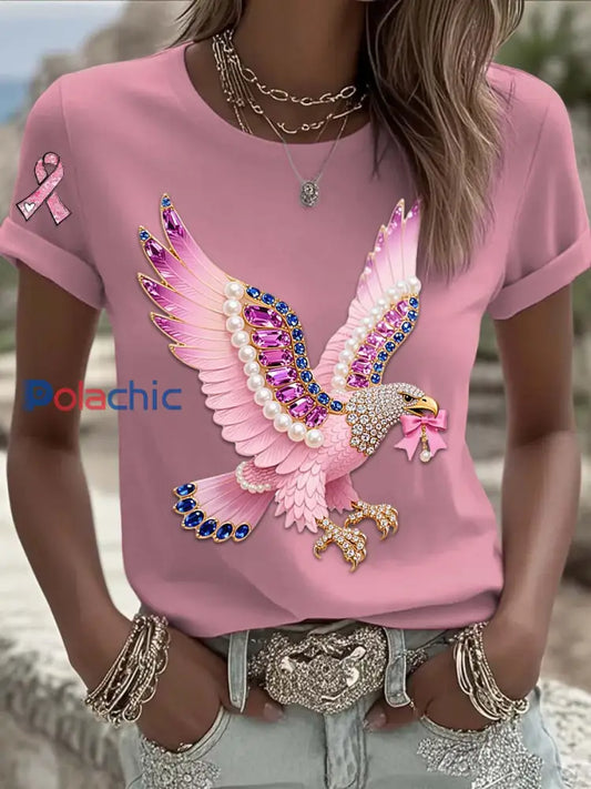 T shirt à manches courtes en coton décontracté confortable imprimé perles aigle de cancer du sein vintage Rose / S