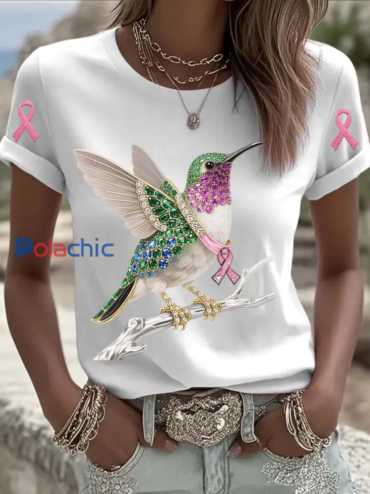 T shirt à manches courtes en coton décontracté et confortable imprimé de perles de colibri de cancer du sein vintage