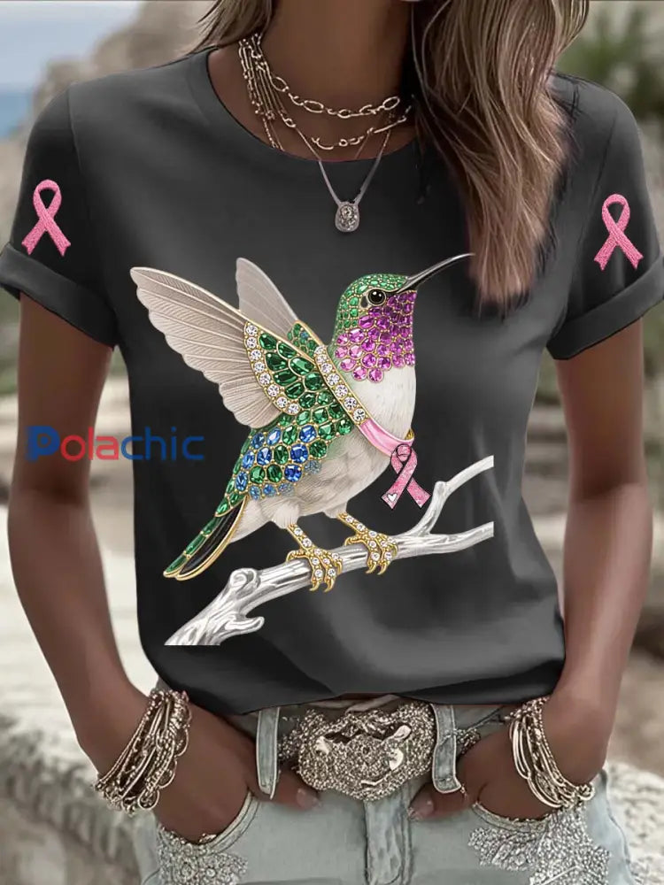 T shirt à manches courtes en coton décontracté et confortable imprimé de perles de colibri de cancer du sein vintage
