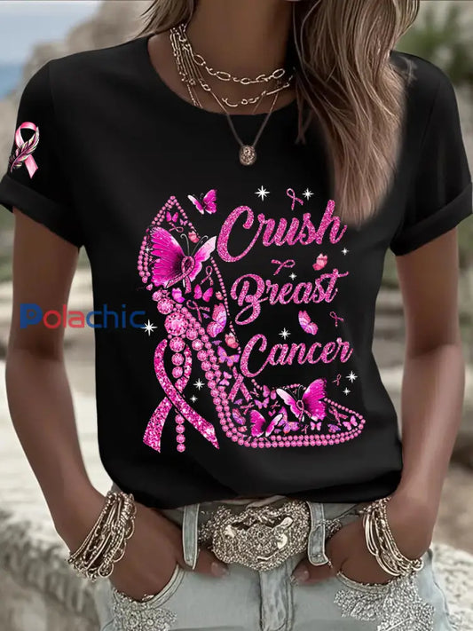 T shirt à manches courtes en ruban rose pour femmes Crush Breast Cancer Noir / S