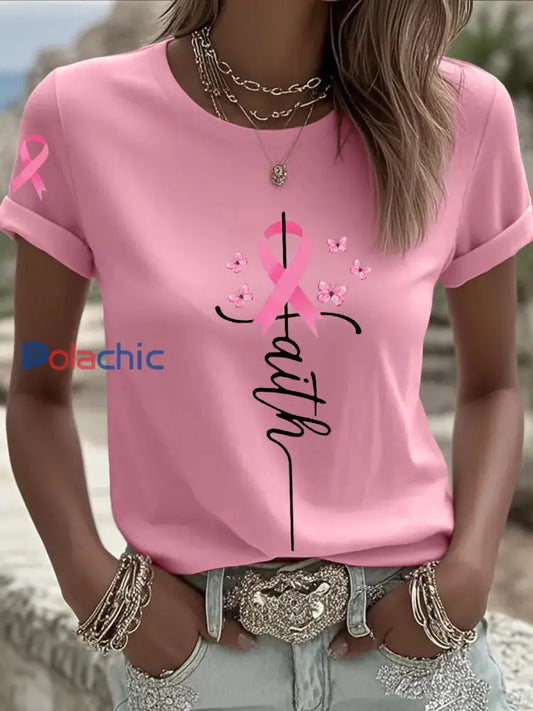 T-shirt à manches courtes Faith Pink Ribbon Women’s Breast Cancer Awareness Rose / S