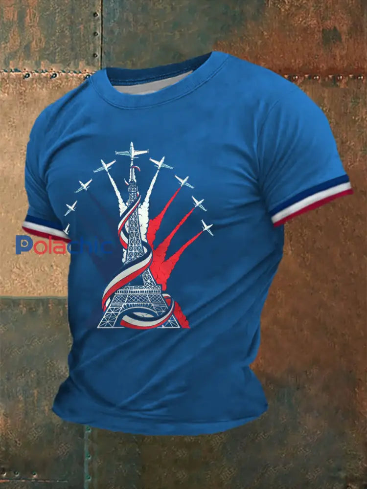 T shirt à manches courtes imprimé Fete Nationale Homme Bleu Clair / S
