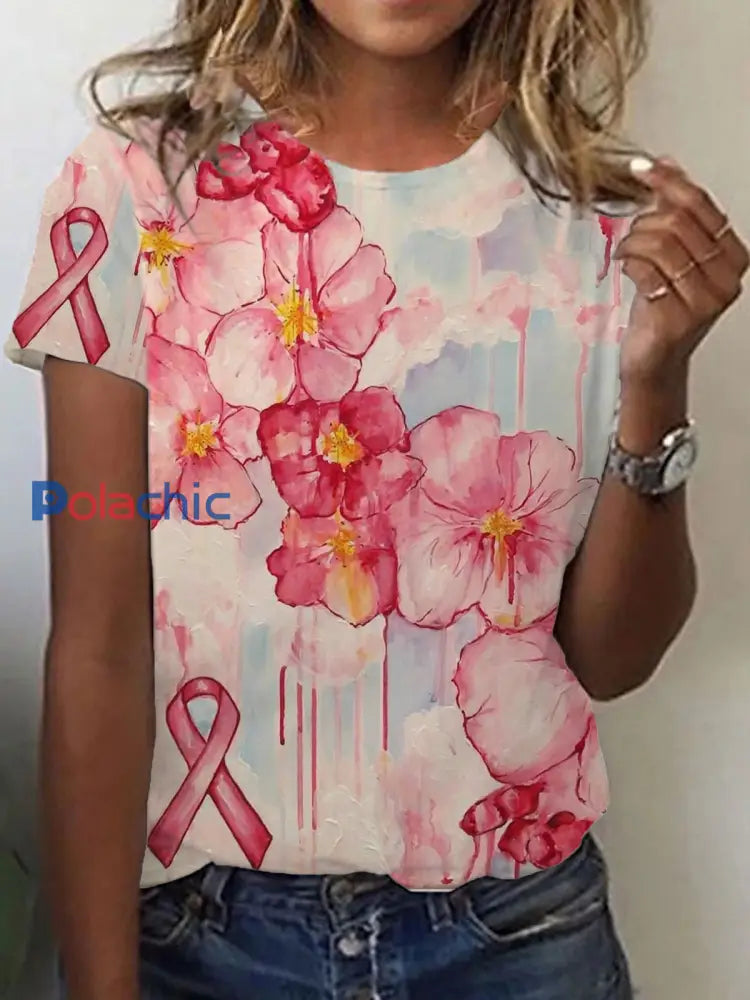 T-shirt à manches courtes imprimé fleurs du ruban rose cancer du sein pour femmes comme image / S