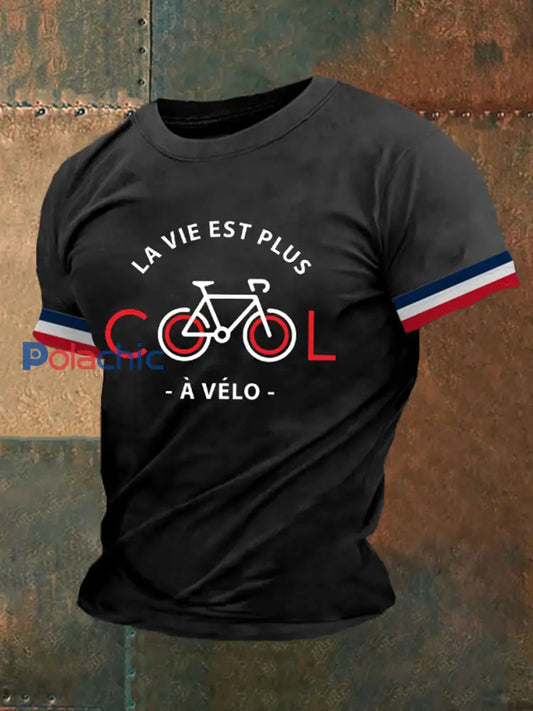 T-shirt à manches courtes imprimé La Vie Est Plus Cool à Vélo Homme Noir / S