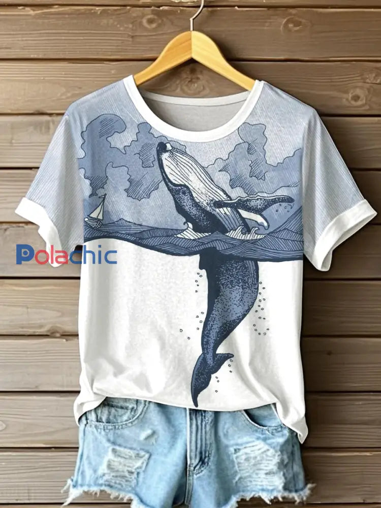 T-shirt à manches courtes à imprimé Whale Art Femme comme image / S