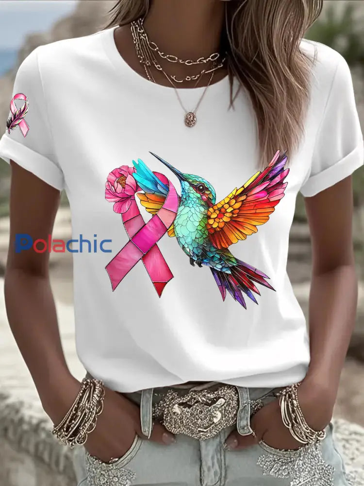 T shirt à manches courtes pour femme avec ruban rose Colibri du cancer du sein Blanc / S