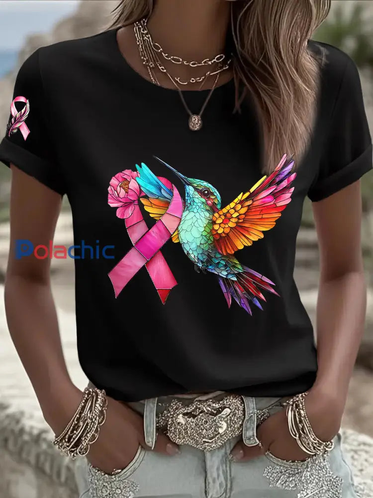 T shirt à manches courtes pour femme avec ruban rose Colibri du cancer du sein Noir / S