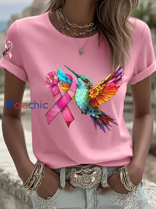T shirt à manches courtes pour femme avec ruban rose Colibri du cancer du sein Rose / S