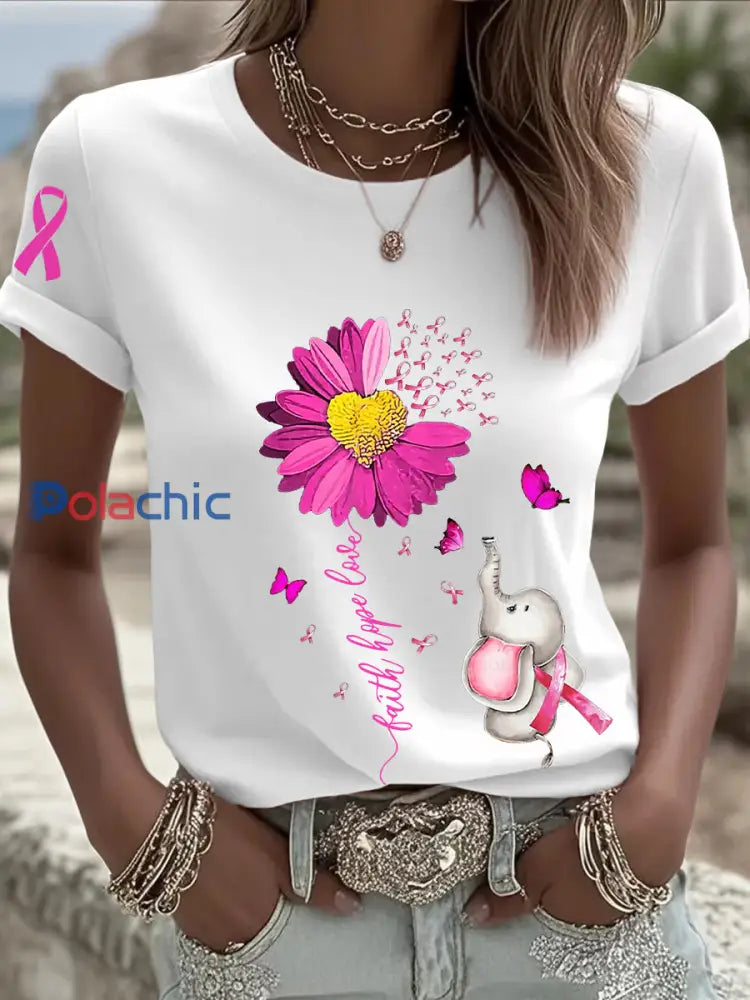 T shirt à manches courtes pour femmes avec ruban rose tournesol sensibilisation au cancer du sein Blanc / S