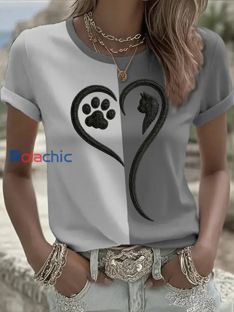 T-shirt à manches courtes pour femmes Breast Cancer Awareness Cat Gris / S