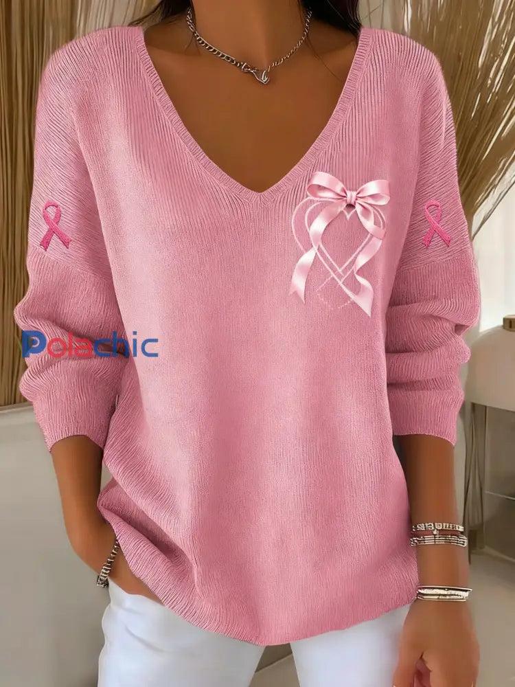 T-shirt à manches longues Casual Women’s Breast Cancer Awareness Print Rose / S