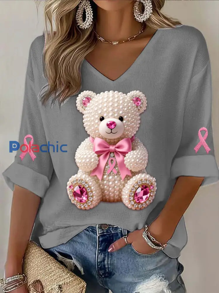 T shirt à manches longues en coton décontracté imprimé abstrait perles Ours Cancer du sein Vintage gris / S