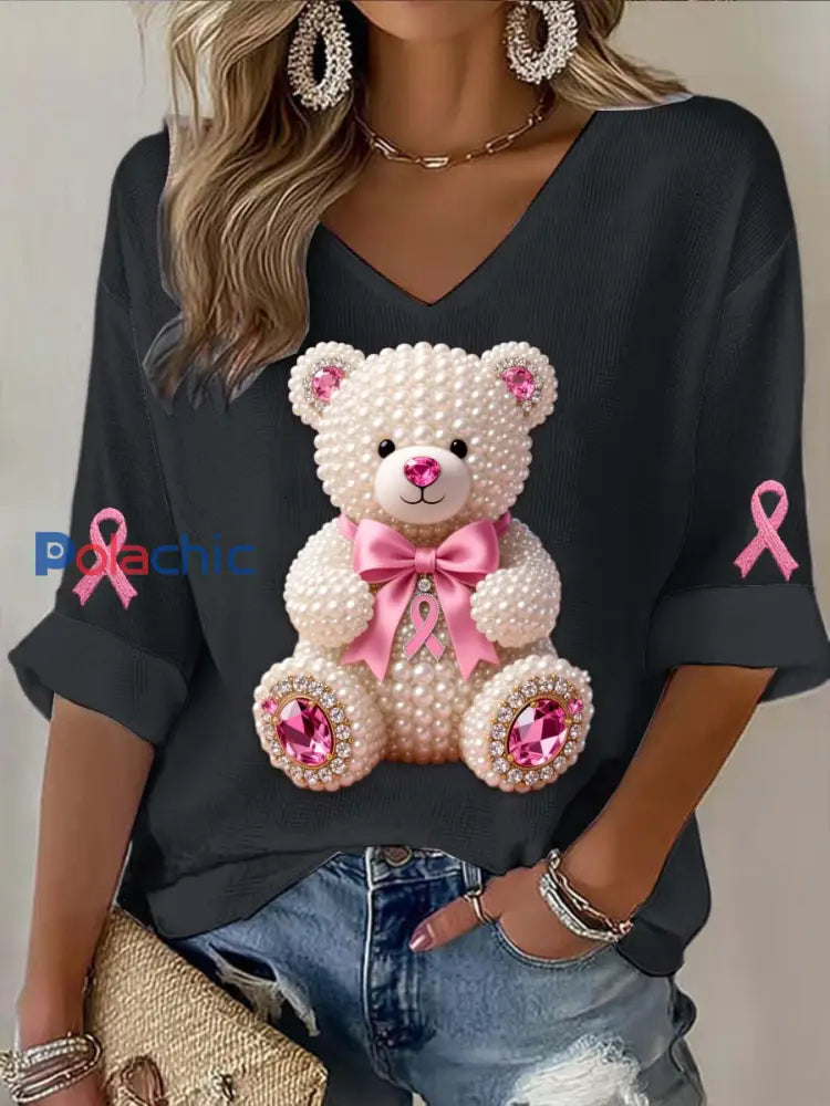 T shirt à manches longues en coton décontracté imprimé abstrait perles Ours Cancer du sein Vintage noir / S